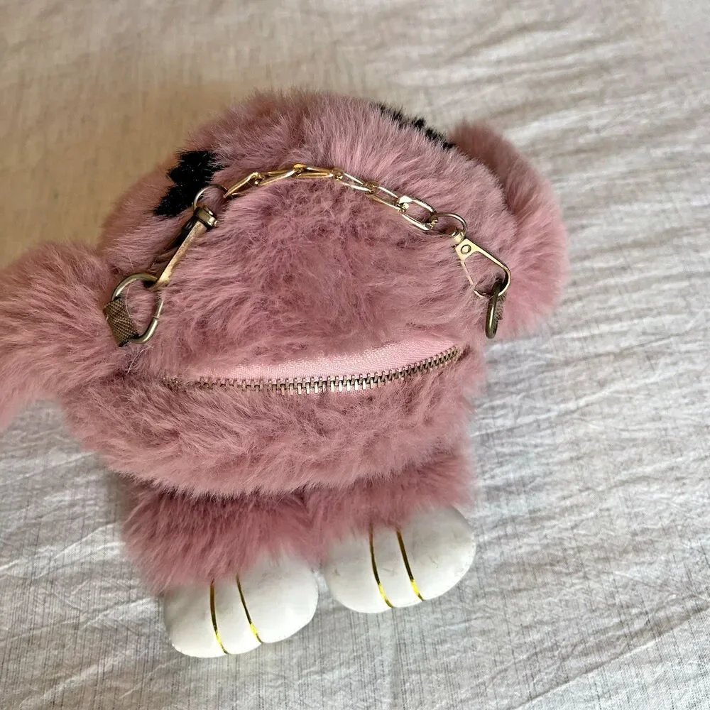 Pink Plush Easter Bunny Rabbit Purse Bag Stuffed Animal Toy Crossbody Accessory